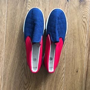 Blue and red canvas sneakers